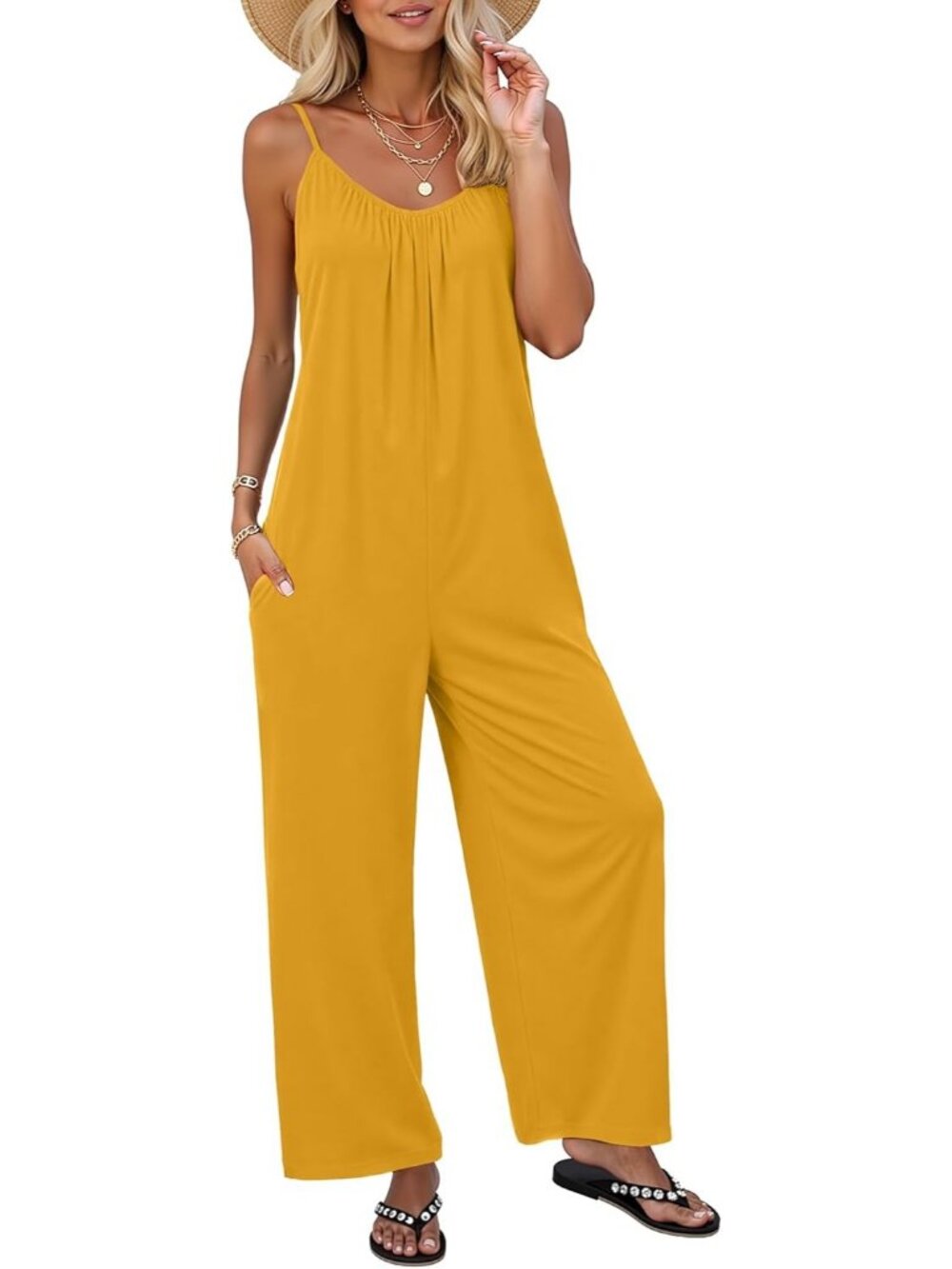 Women's Yellow Casual Sleeveless Imported Spaghetti Strap Boho Wide Leg Romper